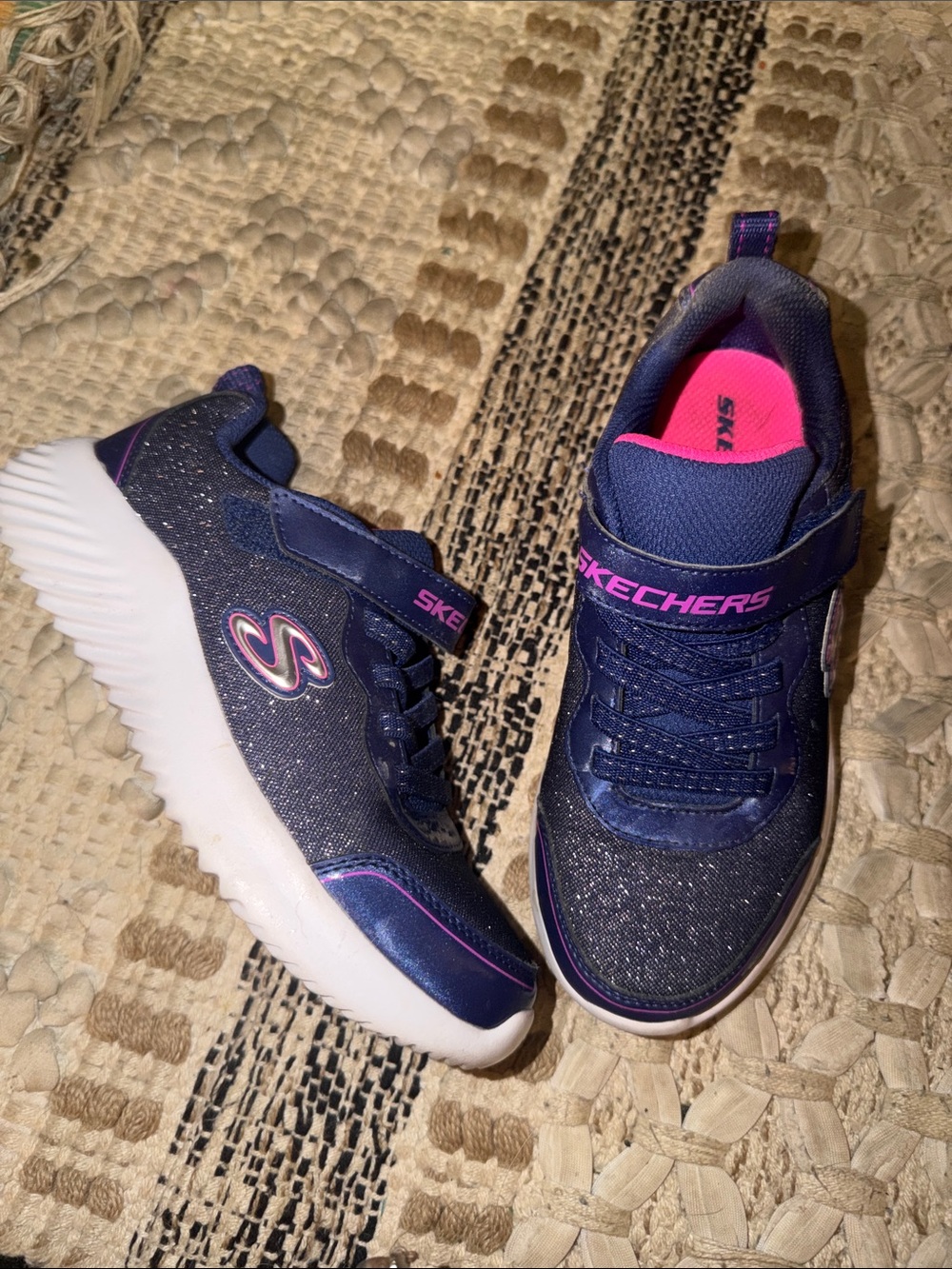 Skechers Girls Navy and Pink Glitter Slip-On Sneakers